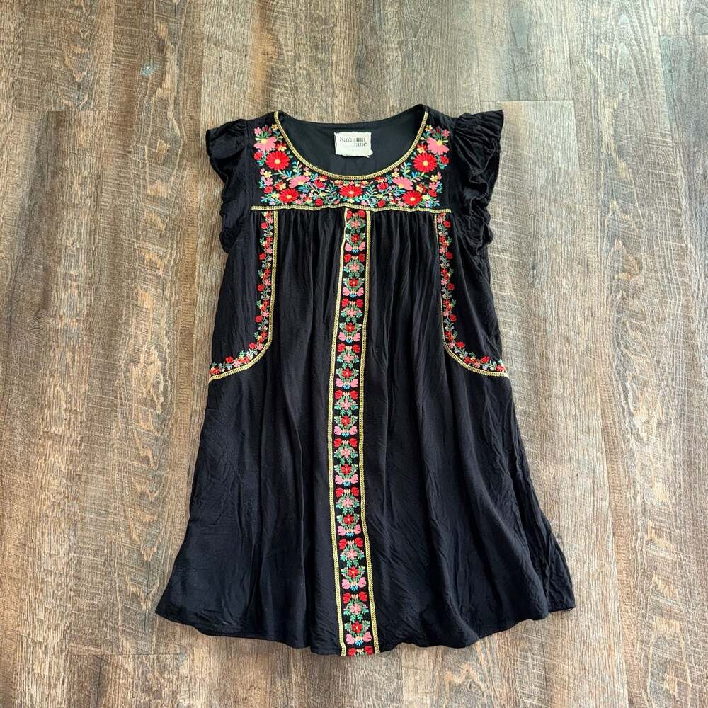 Savanna Jane Black Floral Embroidered Shift Dress Large